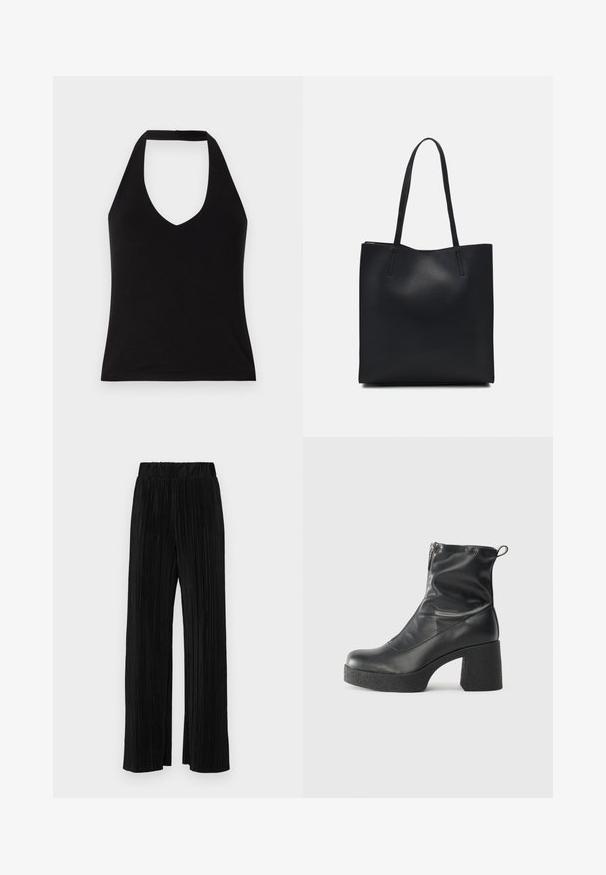 Top a halter nero con scollatura a V profonda, realizzato in tessuto morbido. Forma aderente con orlo pulito e spalle scoperte.; Pantaloni neri a plissé con vita elasticizzata. Presentano gamba ampia e un tessuto liscio e texture con strisce verticali.; Stivali neri alla caviglia in pelle liscia, con zip laterale, tacco spesso e texture, e punta arrotondata.; Borsa tote in pelle nera con texture liscia, forma rettangolare e due manici lunghi. Nessun hardware o decorazione visibile.