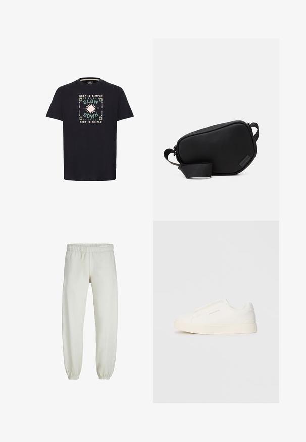 Must kärgiga grafikaga must puuvillane T-särk, millel on tekst "HOIA LIHTSALT" ja "AEGLUSTA", ümbritsetud ringjate mustritega.; Valged trennipüksid, mis on valmistatud pehmest kangast, elastse vöökoha ja mansettidega, sileda tekstuuri ja lõdva lõikega.; Valged libisemiskindlad tossud tekstuuriga pinnaga, paksu tallaga ja minimalistikus disainis. Küljel on brändi logo.; Must plastikust valmistatud must rihmaga õlakott, millel on lame kuju ja väike logo aksent. Minimalistlik kujundus.