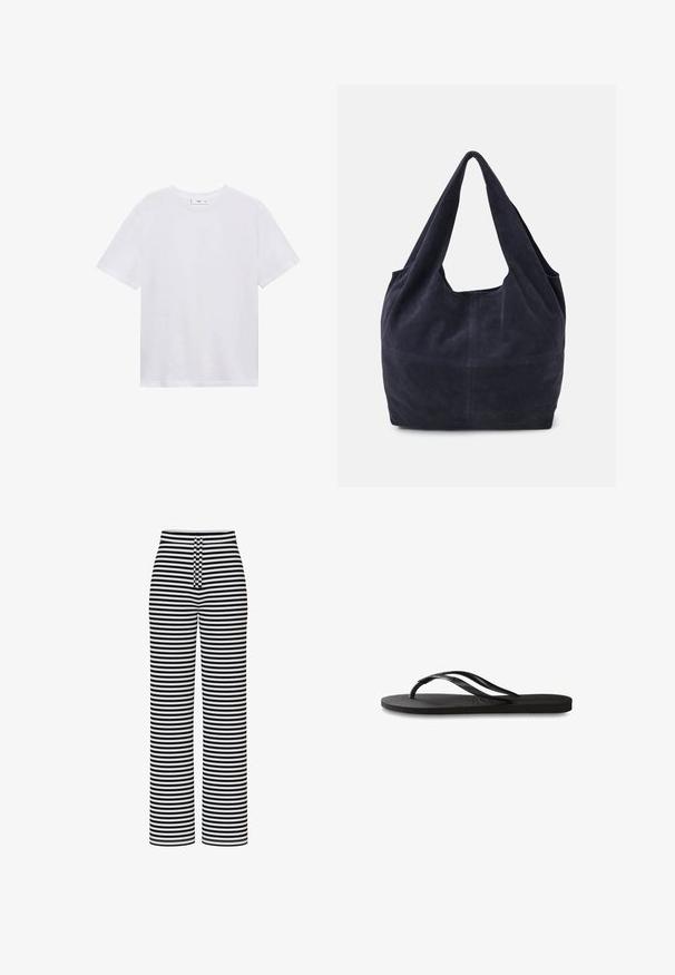 Hvid bomulds t-shirt med korte ærmer og rund halsudskæring. Simpelt design uden mønstre eller detaljer, glat tekstur.; Pieces PCLAYA MW WIDE  - Bukser - bright white; Sorte flip-flop med en tekstureret gummisål, to slanke stropper og et subtilt, præget logodetalje på stroppen.; Marineblå ruskinds taske med en afslappet design, brede skulderremme og synlige syninger på kroppen.