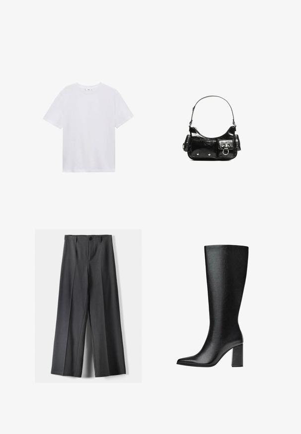 Biela bavlnená tričko s krátkymi rukávmi a okrúhlym výstrihom. Jednoduchý dizajn bez vzorov alebo akcentov, hladká textúra.; Široké nohavice z tmavosivej látky, ktoré majú gombíkový uzáver, predné skladanie a pútka na opasok. Hladká textúra s elegnatným strihom.; Čierne vysoké čižmy po kolená vyrobené z umelej kože, s špicatou špičkou, hladkým povrchom a robustným blokovým podpätkom. Minimalistický design bez viditeľných akcentov.; Čierna laková kožená kabelka s ohnutým tvarom, jedným ramenným popruhom, prednými vreckami a striebornými kovovými doplnkami.