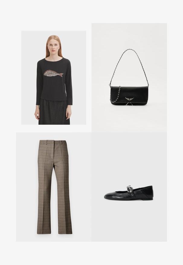 Black long-sleeve shirt featuring a fish graphic in muted colors. Soft fabric, round neckline, and a relaxed fit design.; Brown plaid trousers with a straight leg cut, featuring a textured fabric and subtle colors of beige and darker browns throughout the pattern.; Black leather ballet flats with a pointed toe, featuring a strap with a circular metallic buckle and a flat sole.; Black leather handbag with a silver chain strap, featuring decorative wing accents and white stitching along the bottom seam.