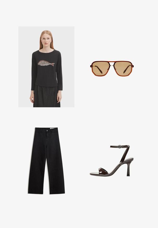 Černá dlouhá tričko s dlouhým rukávem, které má grafiku ryby ve tlumených barvách. Měkká tkanina, kulatý výstřih a pohodlný střih.; Černé denimové kalhoty s volným střihem a vysokým pasem, vybavené předními a zadními kapsami, prošívanými švy a knoflíkovým zapínáním. Hladká textura.; Hnědé lakované kožené sandály na vysokém podpatku s páskem kolem kotníku, otevřenou špičkou a elegantním, minimalistickým designem. Obsahují čtvercový podpatek.; Hnědé osmiúhelníkové sluneční brýle s průhledným jantarem rámem a hnědými skly. Mají kovový akcent na můstku a štíhlé nožičky.