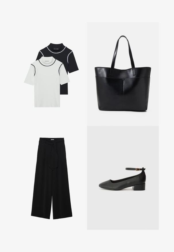 Dva kratka turtlenecka, ena bela z črnim obrobo in ena črna z belo obrobo, izdelana iz mehkega bombažnega materiala.; Črne široke hlače iz teksturirane tkanine, z elastičnim pasom in odstranljivim trakom na pasu za prilagodljivo prileganje.; Črne usnjene pumpice z nazobčanimi prsti in nizko blokasto peto. Imajo trak okoli gležnja z zaponko v zlatem tonu. Gladka tekstura.; Črna usnjena torba z dvema dolgima ročajema, gladko teksturo in strukturirano obliko. Ima sprednji žep za dodatno shranjevanje.