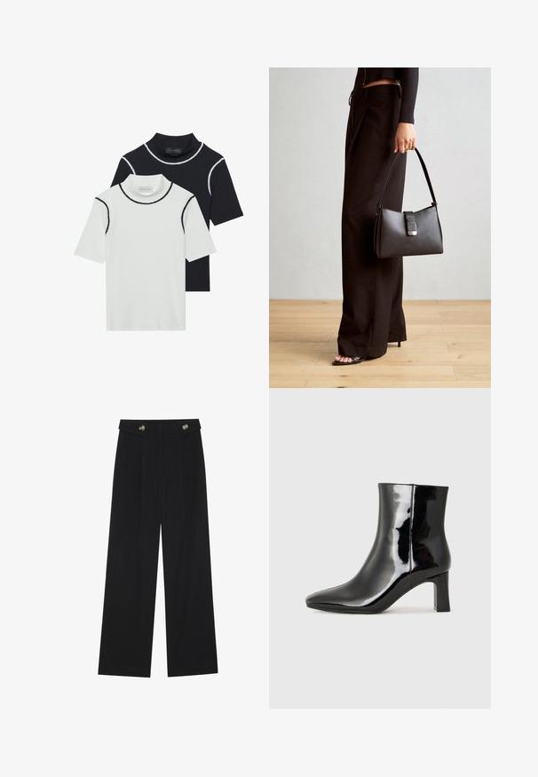 Kaksi lyhythihaista poolopaitaa päällekkäin, yksi valkoinen mustilla yksityiskohdilla ja toinen musta valkoisilla yksityiskohdilla, valmistettu pehmeästä puuvillasekoitemateriaalista.; Mustat leveälahkeiset housut, joissa on korkea vyötärö, napit vyötärönauhassa ja etupuolella laskokset.; Musta patenttilakattu nilkkuri, jossa on terävä kärki ja keskipitkä lohkarekorko. Silkkinen pinta ja minimalistinen muotoilu.; Musta käsilaukku, jossa on rakenteellinen muoto, sileä pinta ja metallinen solki. Yhdistetty leveisiin mustiin housuihin ja avonaiheisiin sandaaleihin puulattialla.
