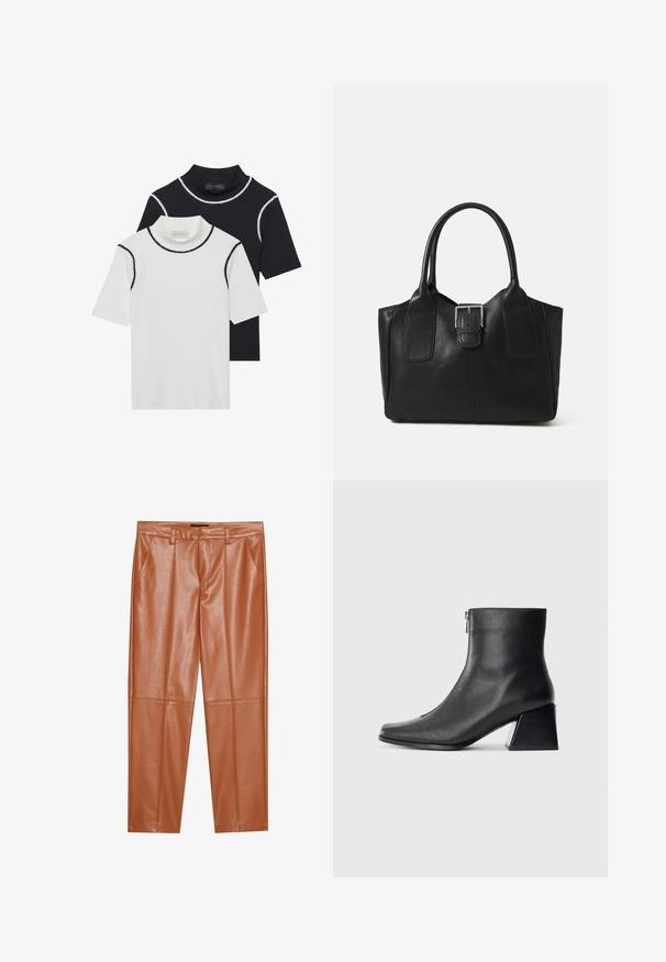 Two short-sleeve turtlenecks stacked, one white with black trim and one black with white trim, made of soft cotton blend material.; Brown faux leather trousers with a tailored fit, featuring front pleats and straight legs. Smooth texture with no visible hardware or accents.; Black leather ankle boot with square toe, side zipper, and block heel against plain light background.; Black leather tote bag with smooth texture, structured shape, two handles, and a prominent silver buckle detail on the front.