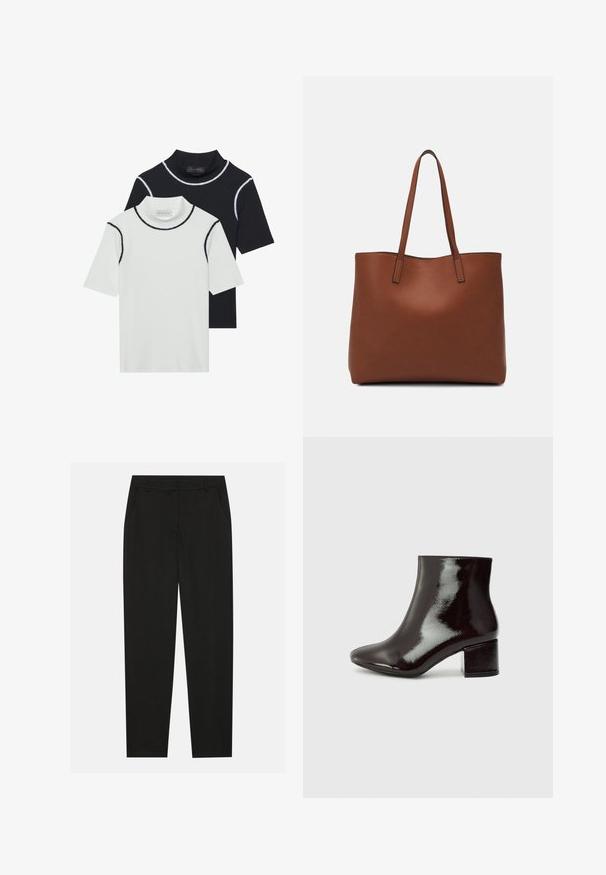 Du dujiniai trumpomis rankovėmis megztiniai, vienas baltas su juodais akcentais, kitas juodas su baltais akcentais, pagaminti iš švelnaus medvilnės ir sintetinių pluoštų mišinio.; Juodos kelnes su pritaikytu dizainu, turinčios šonines kišenes ir tiesią koją. Pagamintos iš lygaus, lengvo audinio su blizgiu paviršiumi.; Juodos patento odos aulinukai iki kulkšnies su smailiu nosiu ir storu kulnu. Lygus paviršius su subtiliu blizgesiu ir švariomis linijomis, minimalistinis dizainas.; Ruda odinė priekabų krepšys su glotnia tekstūra, atviru viršumi ir dviem petnešomis. Su minimalia siuvimo detalėmis ir nematoma aparatūra.