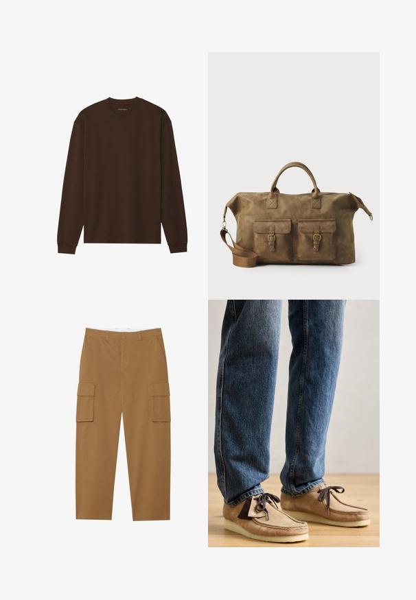 Dolgi rokav rjav majica iz mehkega blaga, z okroglo ovratnikom in sproščenim krojem z rebrastimi manšetami in robom. Brez grafike ali vzorcev.; Rjave cargo hlače z dvema stranskima žepoma, ravnim sprednjim delom in ravnim krojem. Narejene so iz trpežnega materiala z gladko teksturo.; Suede mokasini v bež barvi z temno rjavimi akcenti, zaobljenim nosom in mehkimi belimi podplati. Imajo sistem vezanja in šivane detajle.; Rjav usnjen potovalni kovček z dvema sprednjima žepoma, nastavljivim ramenskim trakom, zlatim okovjem in trdnimi zgornjimi ročaji. Gladka tekstura.