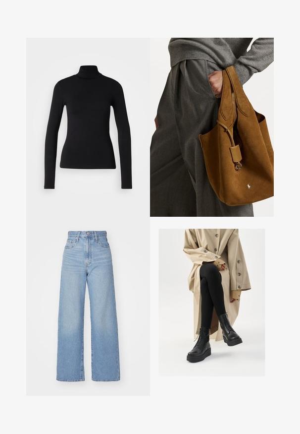 Maglione a collo alto nero realizzato in tessuto elasticizzato. Presenta maniche lunghe, un design aderente e una superficie liscia senza motivi o decorazioni.; Jeans a vita alta blu chiaro con gamba larga, chiusura frontale con bottone e zip, tasche anteriori e posteriori, su uno sfondo bianco.; Stivaletti neri in pelle con dettagli alla allacciatura, suola rialzata, e leggings neri texture, indossati con un trench coat beige chiaro.; Borsa a tracolla in suede marrone con forma arrotondata, doppi manici e un accento in metallo. Presenta un piccolo logo sul davanti.