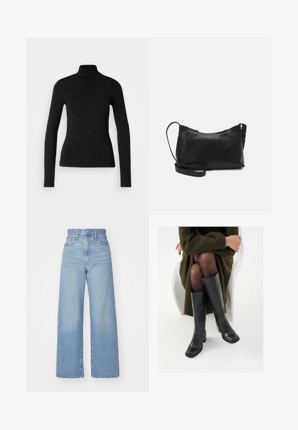 Cămașă neagră cu guler înalt, fabricată dintr-un material elastic. Are mâneci lungi, un design ajustat și o textură fină, fără modele sau embellishments.; Jeans cu talie înaltă, de culoare albastru deschis, cu croială largă, dotate cu nasture și fermoar la față, buzunare în față și spate, pe un fundal alb.; Cizme din piele neagră, până la genunchi, cu vârf pătrat și toc bloc, prezentate pe un model așezat într-o haină verde măsline. Textură netedă, detalii minime.; Geantă de umăr din piele neagră, cu o textură netedă, formă curbată, curea ajustabilă și închidere cu fermoar. Design minimalist, fără embellishments.