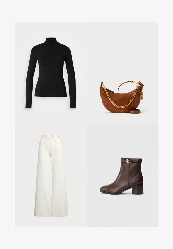 Musta poolikauluspaita, joka on valmistettu joustavasta kankaasta. Siinä on pitkät hihat, kireä muotoilu ja sileä pinta ilman kuvioita tai koristeita.; Reisitaskuhousut vaaleanvalkoisesta denimestä. Korkea vyötärö, napitus, kaksi etutaskua ja kontrastiväriset ompeleet.; Ruske kožne gležnjače s ovalnim vrhom, niskom blok petom i dekorativnim remenom s kopčom oko gležnja. Glatka tekstura i elegantan dizajn.; Ruskea nahkakäsilaukku, jossa on kaareva muotoilu, kultaketjuhihna, sisätasku ja irrotettava olkahihna. Ominaisuuksina on kontrastivärinen ommel.