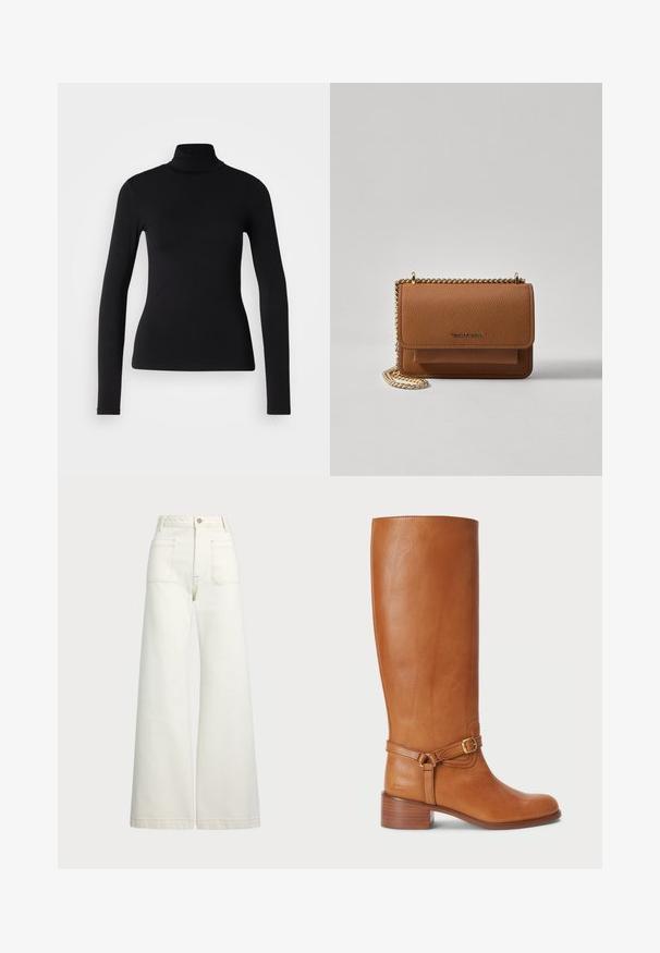 Sort turtleneck skjorte lavet af strækbart stof. Den har lange ærmer, en tætsiddende pasform og en glat tekstur uden mønstre eller dekorationer.; Pæne brede jeans i off-white denim. Høj talje med knaplukning, to forlommer og detaljer med kontrastsyning.; Høje brune læderstøvler med en glat overflade, udstyret med en sidelukning og en stablet hæl. Overdelen har et rent, udekoreret design.; Brun tekstureret læder crossover-taske med guldkæde-rem og klaplukning. Forsiden har logo-detalje og en lomme under klappen.