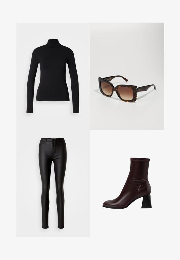 Čierny rolák vyrobený z elastickej látky. Má dlhé rukávy, priliehavý strih a hladkú textúru bez vzorov alebo ozdôb.; Čierne skinny jeans z umelého kože s hladkou textúrou, vysokým pásom, zapínaním na gombík a tradičným päťvreckovým dizajnom.; Stradivarius BLOCK - Klasické členkové čižmy - dark red; Hnedé korytnačie slnečné okuliare s veľkými, štvorecovými šošovkami. Postupný hnedý odtieň, hladký plastový rám, zvýraznený malými kovovými nitmi.; Čierna kožená peňaženka s preklápacou klopou, zlatými kovovými detailmi a logom. Obsahuje odnímateľný popruh na nosenie.