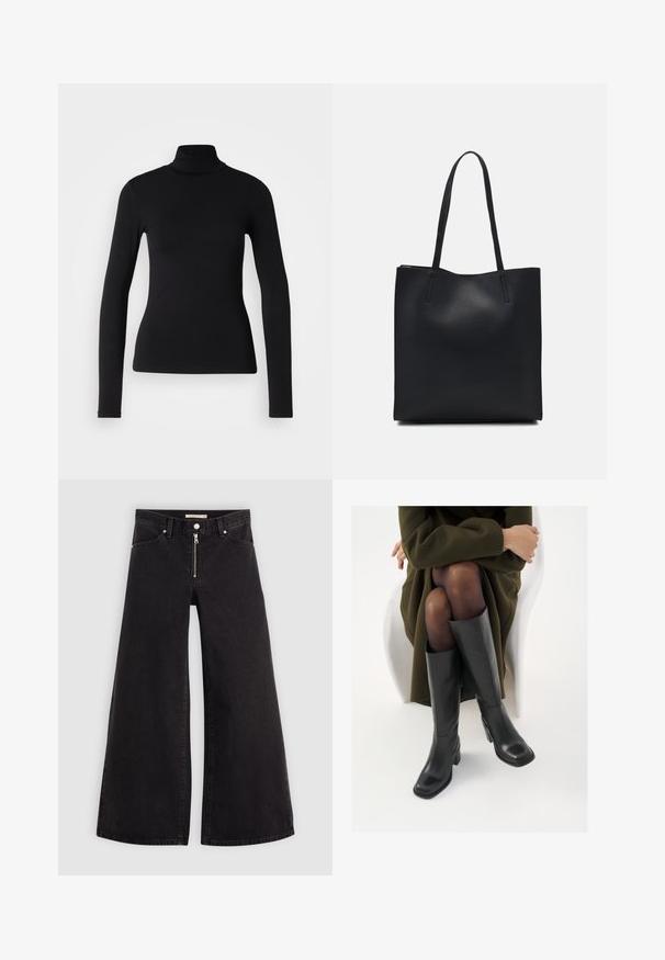 Schwarzes Rollkragen-Shirt aus dehnbarem Stoff. Verfügt über lange Ärmel, ein figurbetontes Design und eine glatte Textur ohne Muster oder Verzierungen.; Schwarze Denim-Jeans mit weitem Bein, Reißverschluss vorne, Fünf-Taschen-Design und dezenten Stickdetails. Glatte Textur und lässiger Stil.; Knöchelhöhe schwarze Lederstiefel mit quadrater Spitze und Blockabsatz, gezeigt mit einem Modell, das einen olivgrünen Mantel trägt. Glatte Textur, minimale Details.; Schwarze Laptoptasche aus Leder mit glatter Textur, rechteckiger Form und zwei langen Griffen. Keine sichtbaren Beschläge oder Verzierungen.