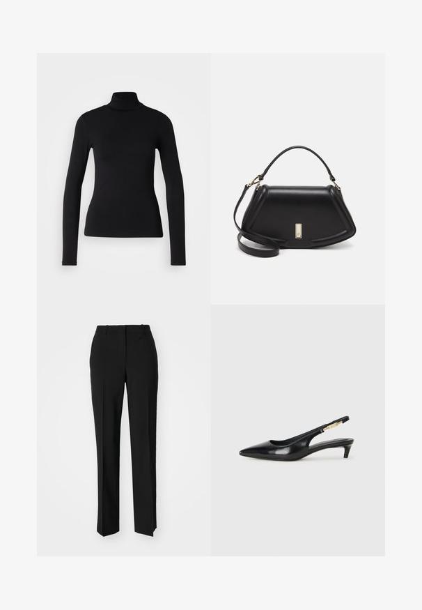 Black turtleneck shirt made from stretchy fabric. Features long sleeves, a fitted design, and a smooth texture with no patterns or embellishments.; Black tailored trousers with a straight-leg design, featuring a smooth texture and crisp creases along the front. No visible hardware.; Black leather slingback heels with a pointed toe, featuring a slim heel and a gold-tone accent on the adjustable strap. Smooth texture.; Black leather handbag with a structured design, featuring a cropped shape, top handle, and gold hardware accent. Adjustable shoulder strap included.