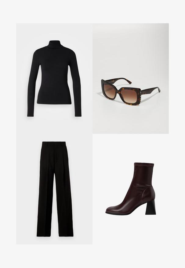 Maglione a collo alto nero realizzato in tessuto elasticizzato. Presenta maniche lunghe, un design aderente e una superficie liscia senza motivi o decorazioni.; Pantaloni neri a gamba larga realizzati in tessuto morbido, con vita alta, pieghe frontali e un design pulito e sartoriale senza decorazioni.; Stradivarius BLOCK - Stivaletti - dark red; Occhiali da sole tartarugati marroni con lenti grandi e quadrate. Graduale tinta marrone, montatura in plastica liscia, accentuata da piccoli rivetti metallici.; Borsa in pelle nera a quadri con hardware dorato, manici arrotondati e tracolla removibile. Texture liscia con una forma strutturata.