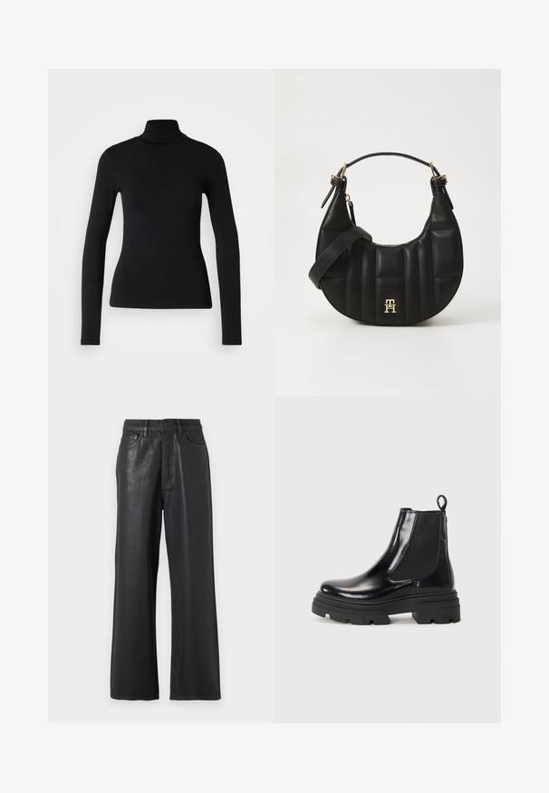 Camisa de cuello alto negra hecha de tejido elástico. Presenta mangas largas, un diseño ajustado y una textura suave sin patrones ni adornos.; Pantalones de pierna ancha negros fabricados con un material brillante. Cuentan con un cierre de botón, pasadores para cinturón y bolsillos frontales con una textura suave.; Botas de tobillo de cuero negro con un diseño elegante, paneles laterales elásticos y una suela gruesa negra. Presentan una lengüeta en la parte trasera para facilitar su puesta.; Bolso de cuero negro con forma curvada, textura acolchada y herrajes dorados. Presenta una correa de hombro desmontable y un detalle de logo.