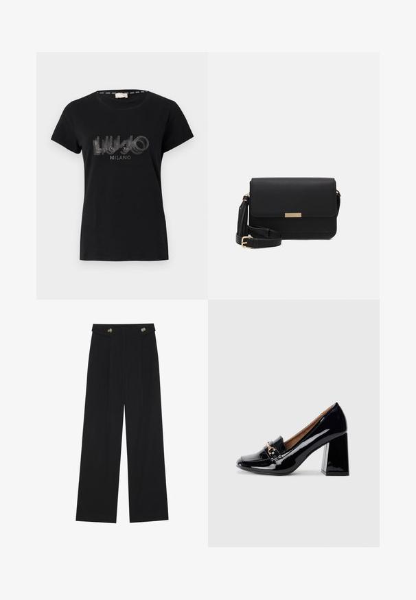 T-shirt en coton noir avec des manches courtes et un col rond, orné d'un logo pailleté qui indique "LIU.JO MILANO."; Pantalons larges noirs à taille haute, avec des détails de boutons à la taille et des plis sur le devant.; Escarpin en cuir verni noir, à talon haut avec un bout pointu et un talon carré. Présente une sangle décorative et un détail de boucle sur le dessus.; Sac en cuir noir avec un rabat, accents en matériel doré, sangle réglable et surface texturée. Forme rectangulaire compacte.