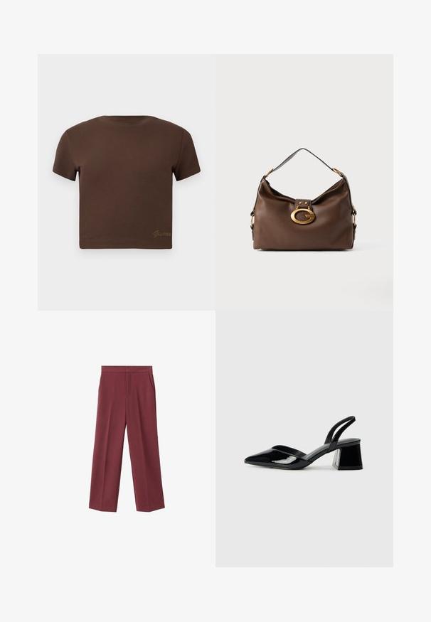Brun kortärmad t-shirt i mjuk bomull med rund halsringning. Har en diskret "Guess"-logotyp i guld längst ner.; Bordeaux bredderbyxor med en slät textur, med sidofickor och hög midja. Skräddarsydda med en ren frontveck.; Svarta lackläder slingback klackar med spetsig tå och geometrisk klack. Har en elegant, minimalistisk design och slät yta.; Brun läderhandväska med en texturerad yta, utrustad med en guldfärgad spänne och en enkel, böjd axelrem.