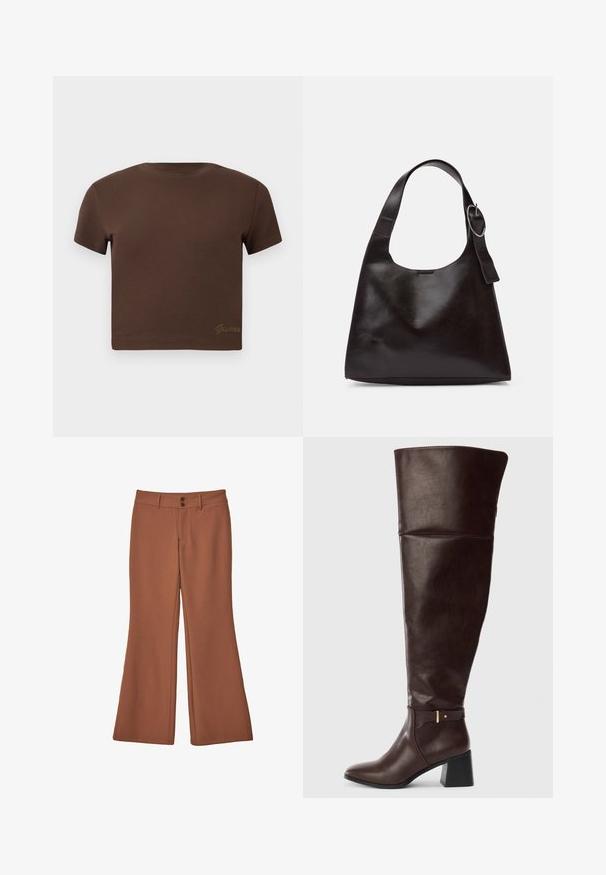 Braunes, kurzes T-Shirt aus weicher Baumwolle mit kurzen Ärmeln und Rundhalsausschnitt. Mit dezentem, goldfarbenem "Guess"-Logo am unteren Rand.; Braune, ausgestellte Hosen aus weichem Stoff. Sie verfügen über zwei vordere Knöpfe und eine glatte Textur ohne sichtbare Muster oder Akzente.; Dunkelbraune, knöchelhohe Lederstiefel mit Blockabsatz und dekorativem Riemendetail an der Seite, vor einem schlichten hellen Hintergrund gezeigt.; Braune Lederumhängetasche mit glatter Textur, runder Form, breitem Tragegurt und metallischem, kreisförmigem Akzent am Griff.