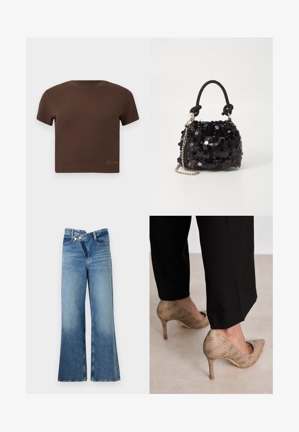 Brown cropped t-shirt made of soft cotton, featuring short sleeves and a round neckline. Includes subtle "Guess" logo in gold at the bottom.; Light blue denim flared jeans with a high waist, featuring two buttons and front pockets. Fabric has a faded texture with subtle variations.; Beige high-heeled shoes with a textured fabric featuring a repeating pattern. Pointed toe design with a back accent and gold heel detail.; Black sequin mini handbag with a knotted textured strap and silver chain. Rounded shape with gathered top and reflective detailing.