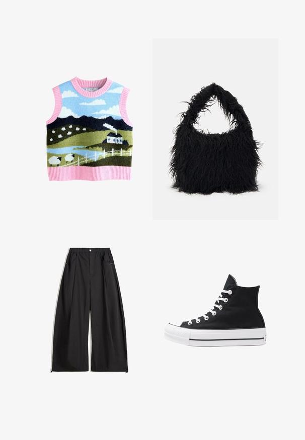 Sweter bez rękawów z dzianiny, prezentujący kolorową pastoralną scenę z owcami, górami i domem. Różowy ściągacz przy dekolcie i na dolnej krawędzi. Miękka tekstura.; Czarne spodnie o szerokich nogawkach z wysokim stanem, z plisami, z przodu zapinane na guzik oraz dwoma bocznymi kieszeniami. Wykonane z materiału o teksturowanym wykończeniu.; Czarny wysokopodbiciowy sneaker z płótna, z białymi oczkami, sznurówkami i gumową podeszwą. Posiada teksturowany czubek oraz czarno-białe paski.; Even&Odd - Torba na zakupy