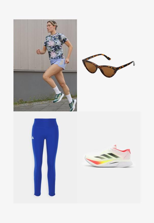 adidas Performance TEE - T-skjorte til trening - aurora ink/sandy pink; Blå treningsleggings med høy liv, laget av elastisk materiale, med en hvit logo på venstre hofte og diskrete sømmer.; Løpesko med et lett hvitt mesh-overdel med svarte striper, neongule detaljer, en rosa hæl og en buet hvit såle.; Kattøye solbriller med en svart og oransje skjellramme, brune linser og elegante, spisse tupper. Har en minimalistisk logo på stangen.