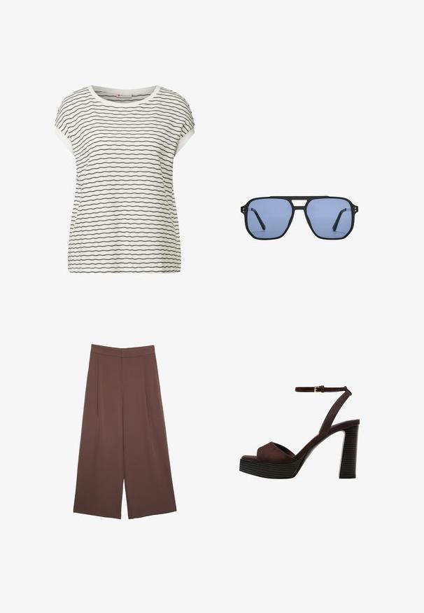 Hvid kortærmet top med sorte vandrette striber, som har en rund halsudskæring og en afslappet pasform. Blød tekstur med synlige sømme.; Brune bredbunde bukser med en glat tekstur, der har høj talje og plisseringer foran. Stoffet er let og falder løst.; Brune ruskinds højhælede sandal med åben tå, justerbar ankelrem og en stribet plade sål.; Stradivarius RETRO - Solbriller - light blue