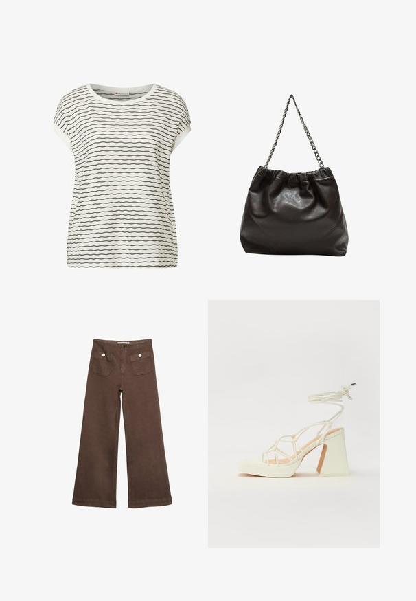 Weißes Kurzarmoberteil mit schwarzen horizontalen Streifen, runder Halsauschnitt und lockerem Sitz. Weicher Stoff mit sichtbaren Nähten.; Braune weit geschnittene Hosen aus Baumwolle, mit zwei Fronttaschen mit silbernen Knöpfen und einer glatten Textur.; Weiße High-Heel-Sandale mit einem klobigen Absatz, die über ein Riemchendesign und ein Knöchelband verfügt. Glatte Textur mit einer Plattform vorne für zusätzliche Höhe.; Braune Lederhandtasche mit gerafftem Oberteil und Kettenriemen. Glatte Textur mit glänzendem Finish und subtilen Nahtdetails an den Seiten.