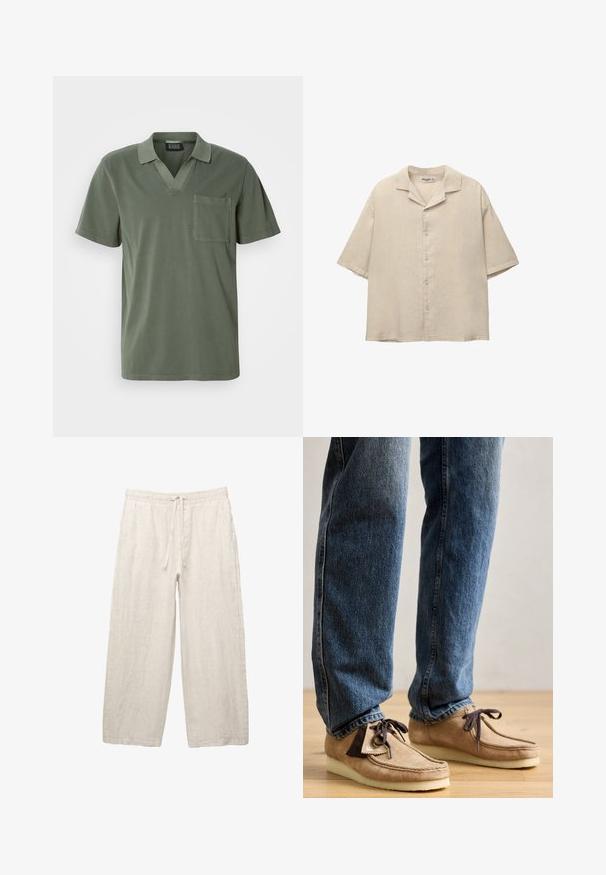 Olivno zeleno polo majica s kratkimi rokavi in V-izrezom, prsni žep ter mehko bombažno teksturo. Minimalističen dizajn s čistimi linijami.; Bež srajca s kratkimi rokavi iz lahkega materiala, z ovratnikom v obliki izreza in petimi gumbi spredaj, sproščenega kroja.; Lanene hlače v svetlo bež barvi, z elastičnim pasom in vrvico, širokimi nogavicami in stranskimi žepi. Gladka tekstura.; Suede mokasini v bež barvi z temno rjavimi akcenti, zaobljenim nosom in mehkimi belimi podplati. Imajo sistem vezanja in šivane detajle.