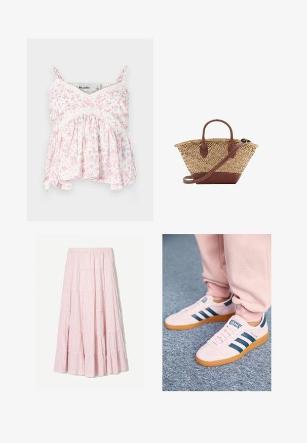 Blommig linne med vit bakgrund och rosa och gröna blommor, spetsdetaljer, en figursydd liv och en lös, flödande nederkant.; Ljusrosa, vågad maxiklänning gjord av ett texturerat, lätt material. Elastisk midja och flytande fåll med volangdetaljer.; Ljust rosa mockaskor med mörkblå läderremsor och en gummisula. Funktioner inkluderar platta snören och märkning på sidan och tungan.; Vävd halmstruktur med bruna läderdetaljer, två handtag och en avtagbar rem. Böjd form med en stabil botten.