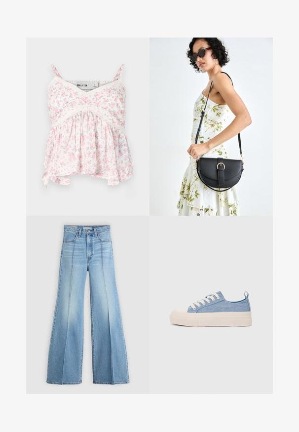 Blomstrete tanktopp med hvit bakgrunn og rosa og grønne blomster, blonder detaljer, tettsittende liv og en løs, flytende underkant.; Lyseblå høytlivsjeans med vide ben, front- og baklommer, beltehemper og vertikale sømdetaljer foran.; Lys blå canvastøfler med en kremfarget gummitupp og yttersåle, med hvite snørebånd og en løfteløkke på hælen.; Svart lærveske med en buet form, avtagbar stropp og gullbeslag. Vesken har et klaff med spenne-detall.