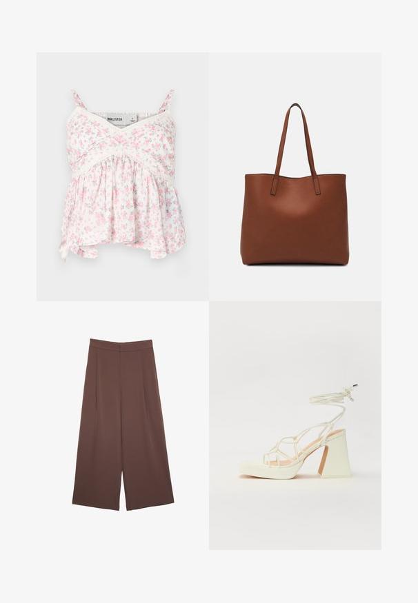 Kwiatowy top na ramiączkach z białym tłem, różowymi i zielonymi kwiatami, koronkowymi akcentami, dopasowaną górą i luźnym, swobodnym dołem.; Brązowe spodnie o szerokich nogawkach z gładką fakturą, z wysokim stanem i plisami z przodu. Materiał jest lekki i luźno opada.; Biała sandał na wysokim obcasie z masywnym słupkiem, z paskowym wzorem i wiązaniem przy kostce. Gładka faktura z platformą z przodu dla dodatkowej wysokości.; Brązowa skórzana torba tote o gładkiej fakturze, z otwartym wierzchem i dwoma ramiączkami. Charakteryzuje się minimalnym przeszyciem i brakiem widocznych elementów metalowych.