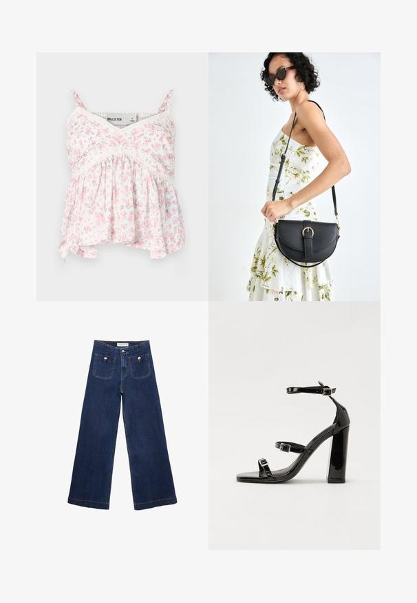 Floral Top mit weißem Hintergrund und pinken sowie grünen Blumen, Spitzendetails, figurbetontem Oberteil und einem lockeren, fließenden Saum.; Dunkelblaue weite Jeans aus Denim, mit zwei vorderen Taschen und dekorativen Knöpfen, sowie einem geraden Saum.; Schwarze patentierte Sandalen mit Absatz, quadratischer Spitze, Knöchelriemen und silbernen Schnallen. Mit einem stabilen Blockabsatz für mehr Stabilität.; Schwarze Lederhandtasche mit geschwungener Form, abnehmbarem Tragegurt und goldenen Beschlägen. Die Tasche verfügt über einen Deckel mit einer Schnallen-Details.