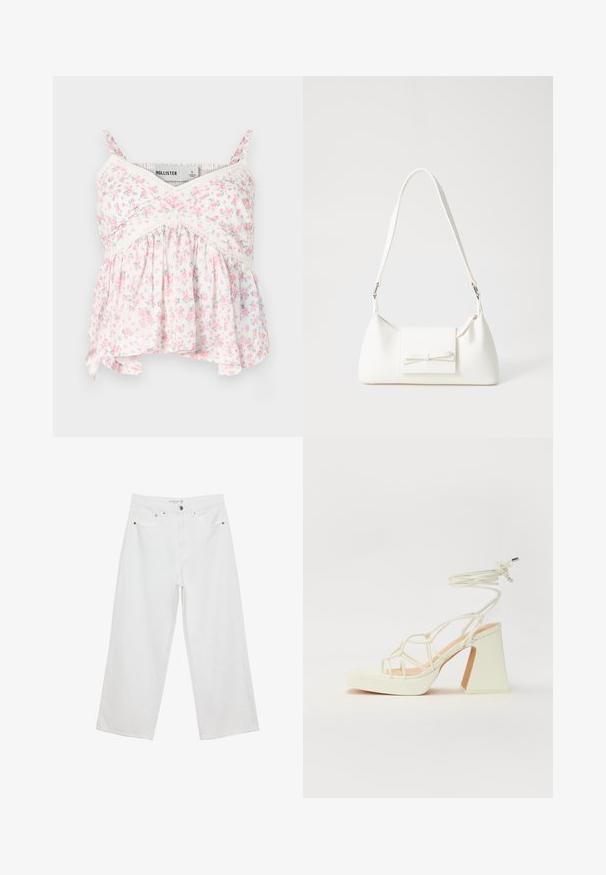 Blomster tanktop med hvid baggrund og pink og grønne blomster, blonde detaljer, en tætsiddende overdel og en løs, svævende bundkant.; Hvide bukser med bred benvidde lavet af denim med høj talje, der har fem lommer og metalhardware. Glat tekstur, uden synlige mønstre.; Hvide højhælede sandaler med en kraftig hæl, der har et stropdesign og ankelbinding. Glat tekstur med en platform foran for ekstra højde.; Hvid syntetisk håndtaske med en trekantet form, flad forsideklap og sløjfedetalje, justerbar strop, glat tekstur og minimalistisk design.