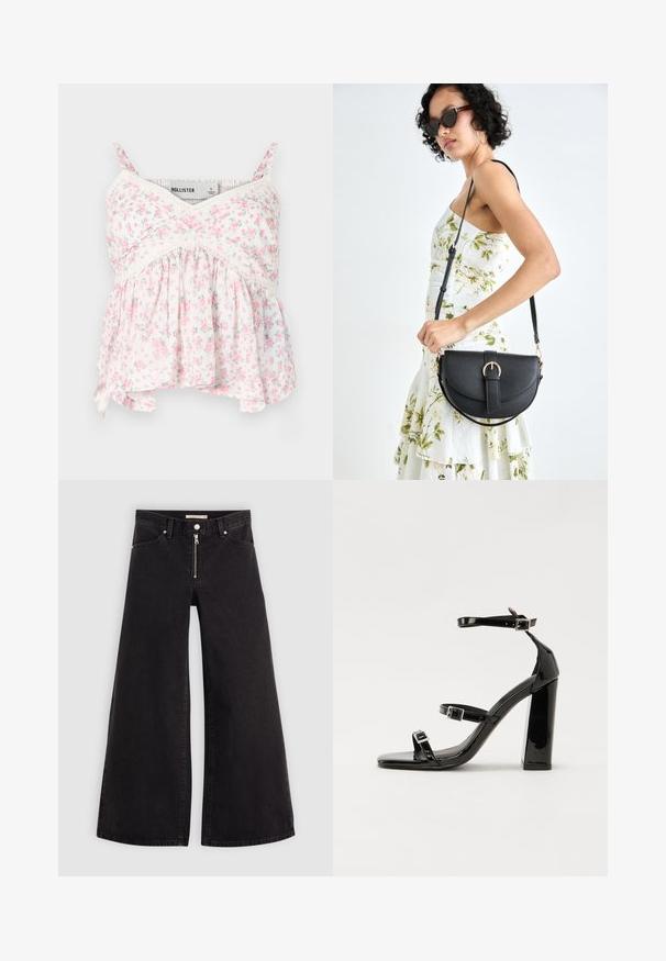 Top floral cu fundal alb, cu flori roz și verzi, accente de dantelă, un corset ajustat și un tiv de jos lejer, fluid.; Jeans cu picioare largi din denim negru, cu fermoar în față, design cu cinci buzunare și detalii subtile de cusătură. Textură netedă și stil casual.; Sandale cu toc din patent negru, cu vârf pătrat, curele la gleznă și catarame din argint. Dispune de un toc gros pentru stabilitate.; Geantă din piele neagră, cu o formă curbată, curea detașabilă și accesorii aurii. Geanta are un capac cu un detaliu tip cataramă.