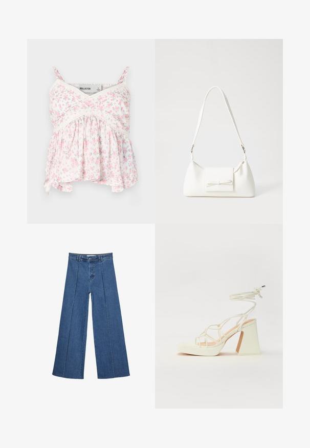 Floral Top mit weißem Hintergrund und pinken sowie grünen Blumen, Spitzendetails, figurbetontem Oberteil und einem lockeren, fließenden Saum.; Weite Jeans aus Denim in Mittelblau, mit hoher Taille, Knopfverschluss und kontrastierenden vertikalen Nahtdetails an der Vorderseite.; Weiße High-Heel-Sandale mit einem klobigen Absatz, die über ein Riemchendesign und ein Knöchelband verfügt. Glatte Textur mit einer Plattform vorne für zusätzliche Höhe.; Weiße synthetische Handtasche in dreieckiger Form, flache Vorderklappe und Schleifendetail, verstellbarer Trageriemen, glatte Textur und minimalistisches Design.