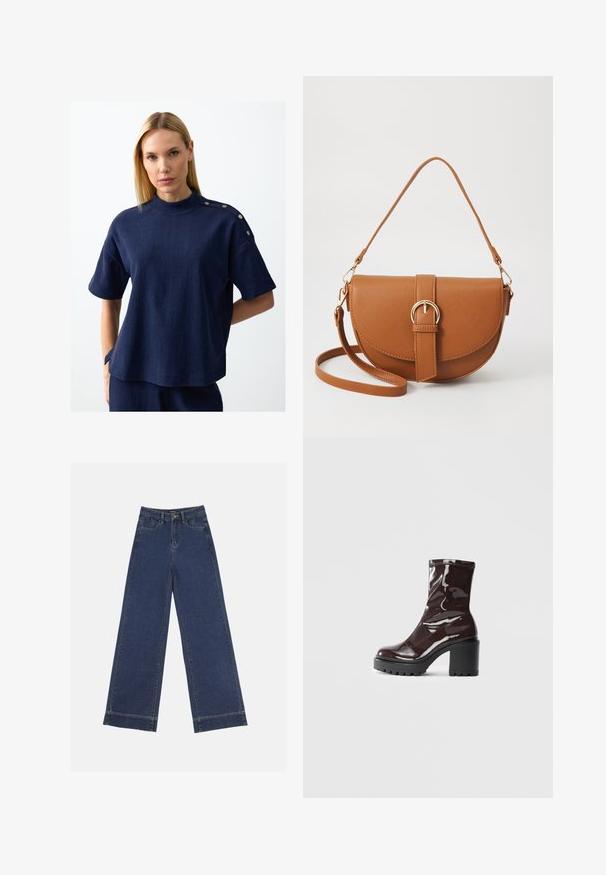 Blonde Frau, die ein navyfarbenes, strukturiertes Kurzarmoberteil mit hohem Kragen und metallenen Knopfdetails an den Schultern trägt, mit Händen hinter dem Rücken.; Weite Jeans in dunkelblauem Denim. Verfügt über fünf Taschen, Gürtelschlaufen und einen rohen Saum am unteren Ende mit sichtbaren Nahtdetails.; Glatte bordeauxrote Ankle Boots mit einem klobigen schwarzen Absatz, die eine glatte Oberfläche und ein einfaches Design aufweisen. Keine sichtbaren Verschlüsse oder Muster.; Braune Leder-Crossbody-Tasche mit geschwungener Form, goldfarbenen Beschlägen und einer Schnallenakzentuierung. Verfügt über einen abnehmbaren Schultergurt.