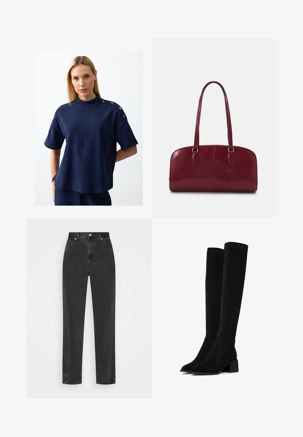 Donna bionda che indossa una maglietta a maniche corte blu navy a trama con colletto alto e dettagli in metallo sui gomiti, con le mani dietro la schiena.; Jeans in denim nero a gamba dritta con vita alta, bottone e cerniera frontali, e cinque tasche su uno sfondo bianco.; Stivali neri sopra il ginocchio realizzati in materiale morbido e testurizzato. Presentano un tacco a blocco, punta affusolata e dettagli di cucitura visibili.; Zign LEATHER - Borsa a mano - dark red