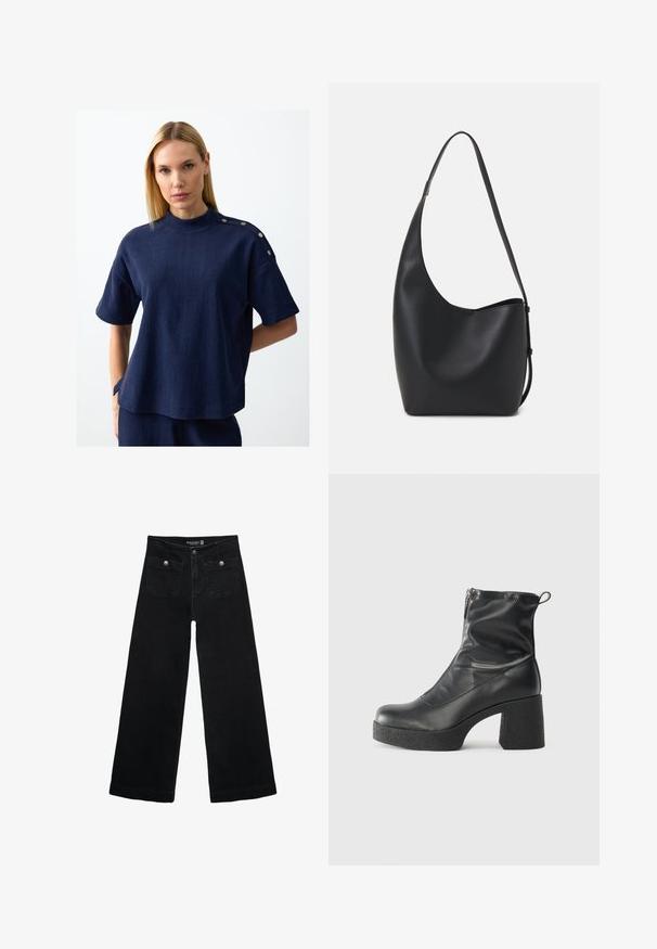 Femme blonde portant un haut bleu marine texturé à manches courtes avec un col montant et des détails de boutons métalliques sur l'épaule, les mains derrière le dos.; Jean's larges noires avec taille haute, dotés de deux poches avant et d'accents en métal sur les boutons. Le tissu a une texture lisse.; Bottes noires à la cheville en cuir lisse, dotées d'une fermeture éclair sur le côté, d'un talon épais texturé et d'une conception à bout rond.; Sac hobo en cuir noir avec une texture lisse, une forme incurvée et une seule sangle réglable ; dispose d'une large ouverture en haut.