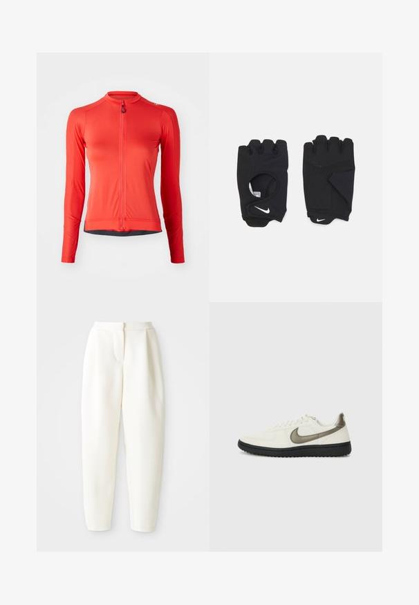 Dlhý rukáv cyklistický dres v jasne červenej farbe, s plným zipsom, rebrovanou textúrou a čiernymi akcentmi na leme. Ľahký, športový strih.; Biele nohavice s vysokým pásom a zužujúcim sa strihom, s skrytým predným zapínaním a bočnými vreckami, vystavené na jednofarebnom bielom pozadí.; Nike Sportswear FIELD GENERAL - Tenisky - off-white/black; Čierne bezprstové rukavice vyrobené z elastického materiálu, s dizajnom otvorenej dlane, so zvýraznením pre lepšie uchopenie a bielym logom Nike.