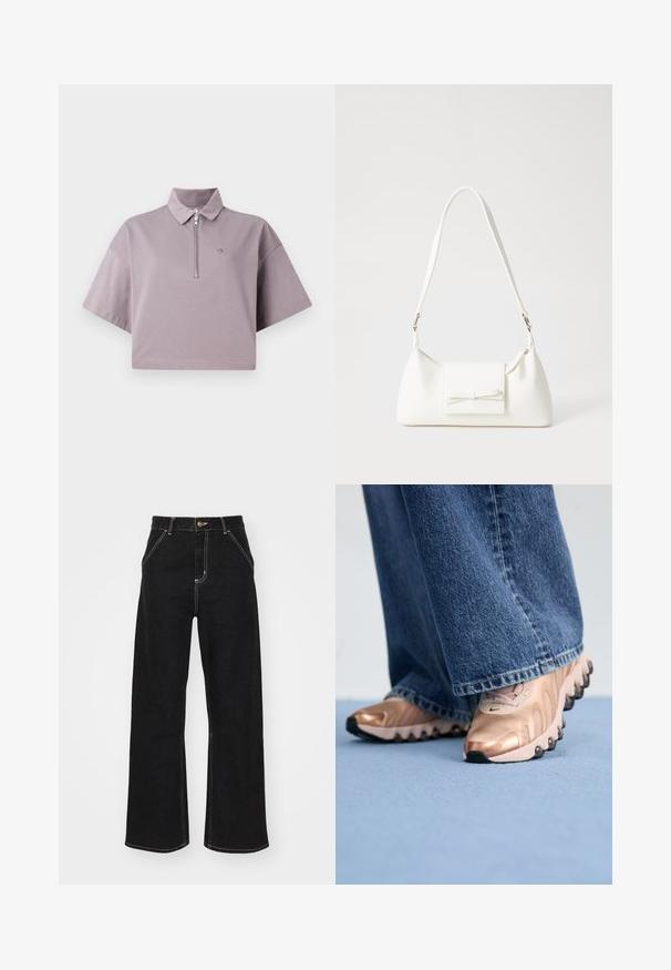 Camisa polo cortada em lavanda claro, feita de algodão macio, com fecho de correr na frente, mangas curtas e um discreto logótipo bordado.; Calças de ganga largas pretas, com costuras brancas em contraste e fecho frontal com botão, apresentando dois bolsos frontais inclinados.; Sapatilhas com um material superior em rosa dourado metálico e design texturizado, com solas de borracha preta. Combinadas com jeans de ganga azul de pernas largas.; Mala sintética branca com formato triangular, aba frontal plana e detalhe de laço, alça ajustável, textura suave e design minimalista.