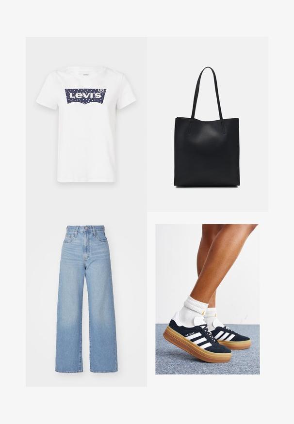 White cotton t-shirt featuring a blue polka-dotted Levi's logo in the center. Classic crew neck and short sleeves.; Light blue high-waist wide-leg jeans with front button and zip closure, front and back pockets, on a white background.; Black suede sneakers with white stripes and accents, rounded toe, gum rubber outsole, paired with white ribbed crew socks.; Black leather tote bag with smooth texture, rectangular shape, and two long handles. No visible hardware or embellishments.