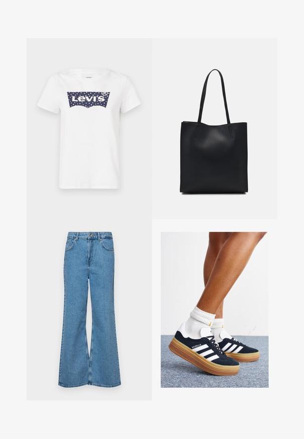 Biely bavlnený tričko s modrými bodkami a logom Levi's v strede. Klasický okrúhly výstrih a krátke rukávy.; Svetlomodré rozšírené džínsy vyrobené z denimu, s vysokým pásom, piatimi vreckami a jednopoložkovým zapínaním na gombík. Mäkká textúra s vyblednutým povrchom.; Čierne semišové tenisky s bielymi pruhmi a detailmi, so zaoblenou špičkou, podrážkou z gumovej gumy, doplnené bielymi rebrovanými ponožkami.; Čierna kožená taška na rameno s hladkým povrchom, obdĺžnikovým tvarom a dvoma dlhými uchami. Bez viditeľného kovania alebo ozdôb.