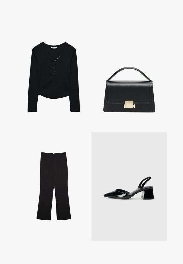 Schwarzes langärmliges Oberteil aus geripptem Stoff. Hat einen V-Ausschnitt und sieben schwarze Knöpfe an der Vorderseite sowie einen leicht abgerundeten Saum.; Schwarze Hose mit geradem Schnitt, ausgestattet mit Fronttaschen und Seitenschlitzen am Saum. Hergestellt aus weichem, glattem Stoff. Geeignet für verschiedene Anlässe.; Schwarze Lackleder-Slingback-High Heels mit spitzem Schuh und einem geometrischen Blockabsatz. Verfügt über ein schlankes, minimalistisches Design und eine glatte Textur.; Schwarze Lederhandtasche mit strukturiertem Design, oberem Griff und einem goldenen Metallschnappverschluss auf der Vorderseite. Glatte Textur, minimale Nähte.