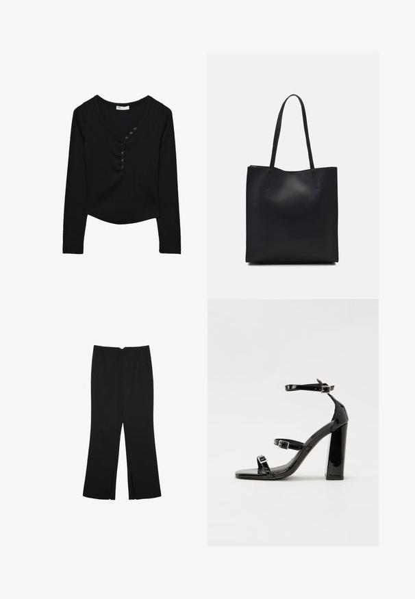 Haut noir à manches longues en tissu côtelé. Présente un décolleté en V et sept boutons noirs le long de l'avant, avec un ourlet arrondi.; Pantalon noir avec une coupe droite, doté de poches avant et d'éclairs sur l'ourlet. Fabriqué en tissu doux et lisse. Convient à diverses occasions.; Sandales à talons vernies noires avec un bout carré, des sangles autour de la cheville et des boucles en argent. Dotées d'un talon bloc épais pour plus de stabilité.; Sac fourre-tout en cuir noir avec une texture lisse, de forme rectangulaire et deux longues poignées. Pas de matériel ou d'ornementations visibles.