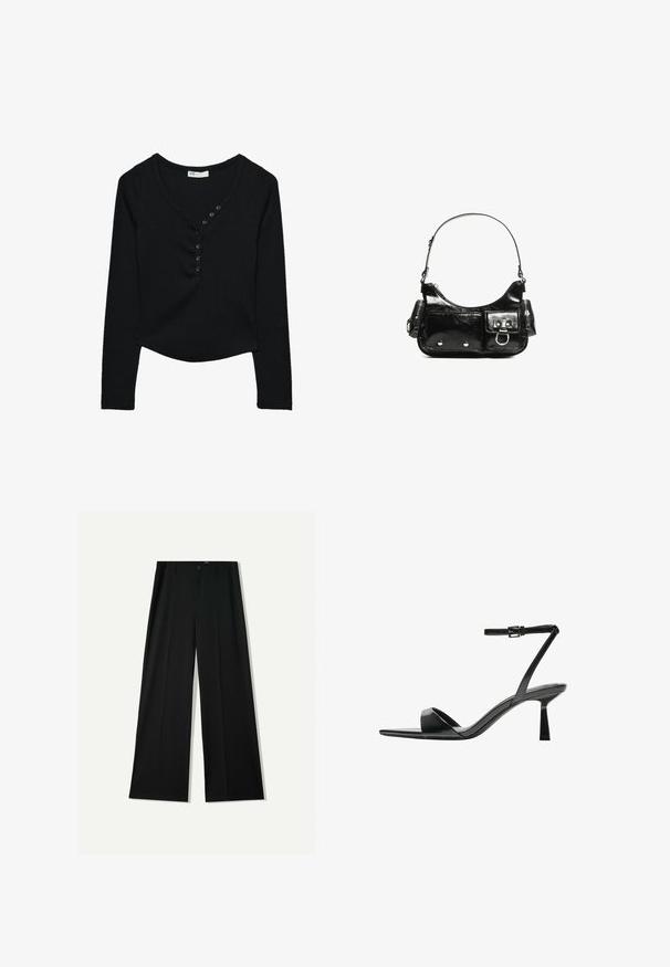 Svart långärmad topp i ribbat tyg. Har en V-ringning och sju svarta knappar fram, samt en böjd nederkant.; Bershka WIDE - Tygbyxor - black; Bershka Sandaletter - black; Svart lackläderhandväska med en rundad form, en axelrem, framfickor och detaljer i silverfärg.