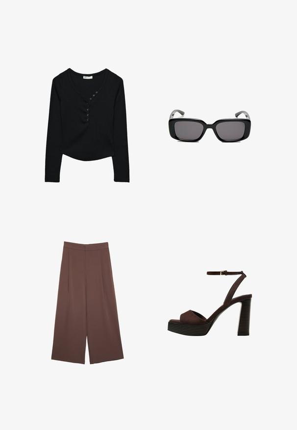 Černý dlouhý rukáv top vyrobený z žebrované tkaniny. Má výstřih do V a sedm černých knoflíků na přední straně, s křivým lemem.; Hnědé široké kalhoty s hladkou texturou, vysokým pasem a předními záhyby. Materiál je lehký a volně splývá.; Hnědé semišové sandály na vysokém podpatku s otevřenou špičkou, nastavitelným páskem kolem kotníku a proužkovou platformou.; Černé obdélníkové sluneční brýle s tmavými skly, hladkým plastovým rámem a zakřivenými stranicemi. Design je robustní s minimalistickou estetikou.