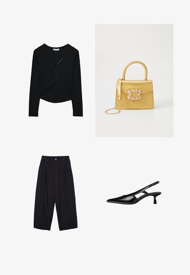 Maglietta nera a maniche lunghe realizzata in tessuto a coste. Presenta un collo a V e sette bottoni neri sul davanti, con un orlo curvo.; Pantaloni culotte neri in poliestere con una cintura elastica, due pieghe frontali e una silhouette ampia. Nessun motivo visibile o dettagli in metallo.; Tacchi slingback in pelle verniciata nera con punta affusolata, design con tagli laterali e tacco quadrato piccolo. Texture liscia con dettagli minimi.; Borsa finta coccodrillo gialla con design strutturato, manico superiore, tracolla a catena removibile e abbellimenti in cristallo decorativi sulla chiusura.