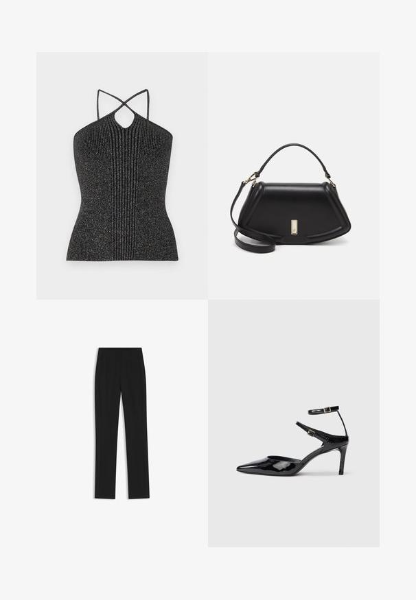 Top negro sin mangas con escote en forma de ojal, que presenta tirantes cruzados y una textura acanalada, realzada con hilo metálico para un brillo especial.; Pantalones de traje negros con un diseño de pierna recta, que cuentan con bolsillos delanteros y una tela suave y texturizada. Detalles limpios y minimalistas.; Tacones de charol negros con puntera puntiaguda, correas ajustables en el tobillo y un tacón delgado. Textura suave con un acabado brillante.; Bolso de mano de cuero negro con un diseño estructurado, que presenta una forma recortada, asa superior y acentos en dorado. Correa de hombro ajustable incluida.