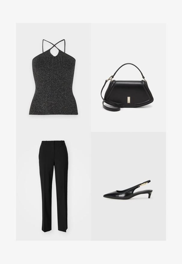 Melns bezpiedurkņu tops ar atslēgas veida kakla izgriezumu, ar krustveida siksnām un ribotu tekstūru, papildināts ar metāliski spīdošu diegu.; Melnas pielāgotas bikses ar taisnu kāju dizainu, kas raksturojas ar gludu faktūru un asiem krokām pa priekšu. Nav redzamu metāla detaļu.; Melnas ādas slingback zābaki ar smailu purngalu, ar šauru papēdi un zelta krāsas akcentu uz regulējama siksniņas. Gluda tekstūra.; Melnas ādas roku soma ar struktūru, ar īsu formu, augšējo rokturi un zelta aksesuāriem. Iekļauta regulējama plecu siksna.